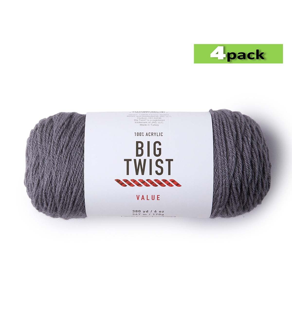 4pk Solid Titanium Medium Weight Acrylic 380yd Value Yarn by Big Twist